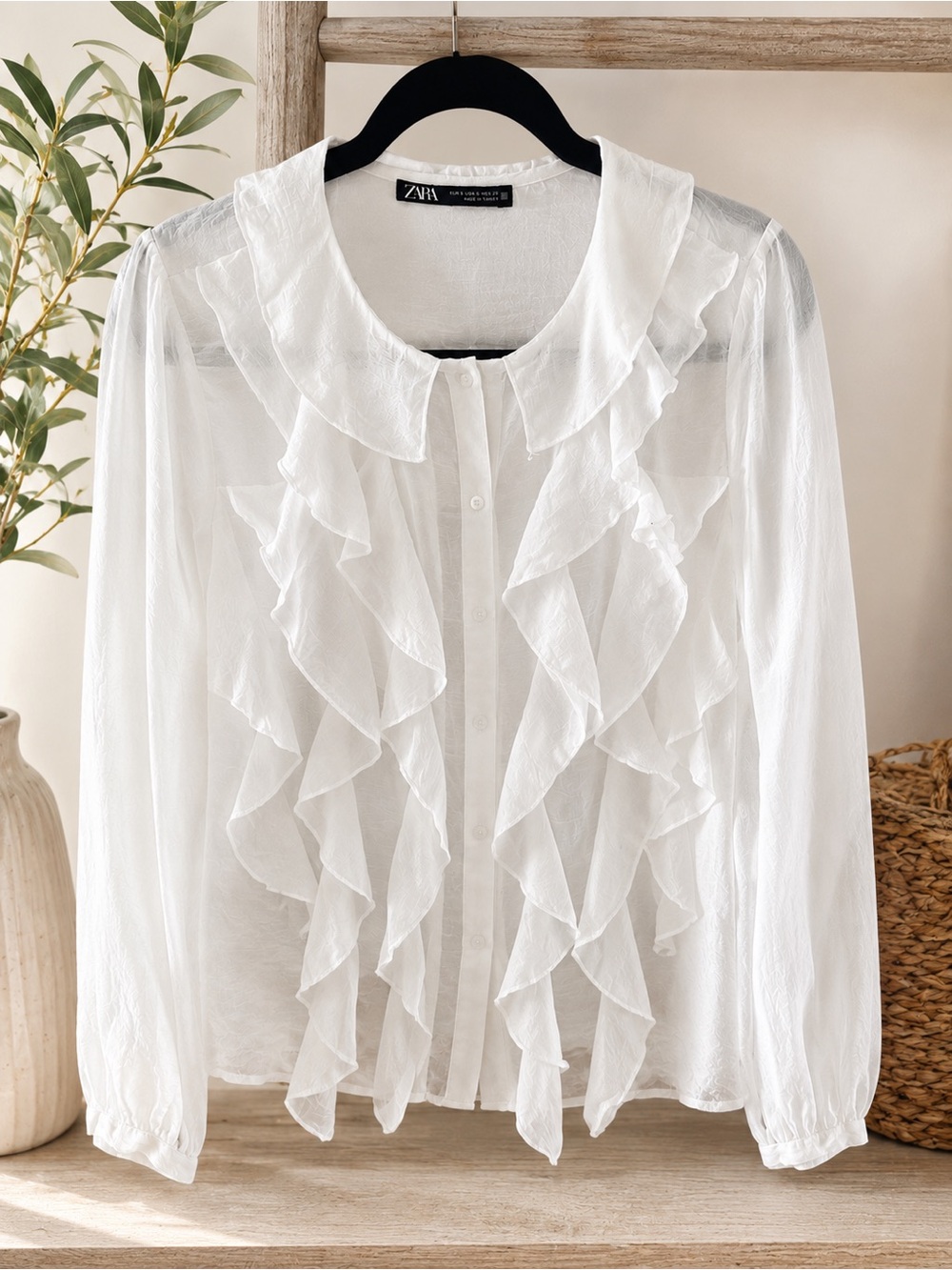 ZARA White Ruffle Sheer Blouse Size XL